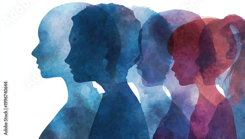 Translucent profiles of people in silhouette, layered and overlapping, evoking time and change