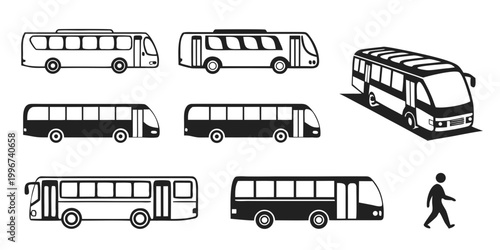Foto Set of black and white public transportation bus icons with transportation commu