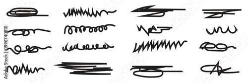 Black marker scribble lines on white background. Collection of black marker strokes and scribbles in different styles on a white background, useful for design elements, highlights, and annotations.