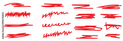 Red marker scribble lines on white background. Collection of red marker strokes and scribbles in different styles on a white background, useful for design elements, highlights, and annotations.