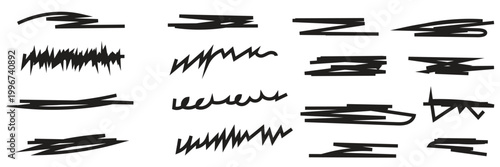 Black marker scribble lines on white background. Collection of black marker strokes and scribbles in different styles on a white background, useful for design elements, highlights, and annotations.