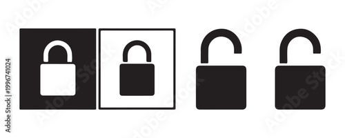Black padlock icons within square frames, locked and unlocked states.
