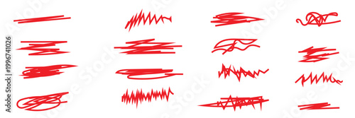 Red marker scribble lines on white background. Collection of red marker strokes and scribbles in different styles on a white background, useful for design elements, highlights, and annotations.