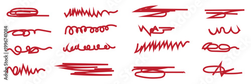 Red marker scribble lines on white background. Collection of red marker strokes and scribbles in different styles on a white background, useful for design elements, highlights, and annotations.
