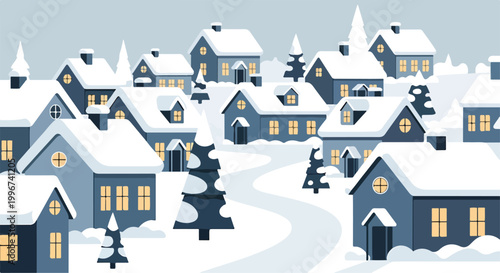Snowy village scene with many houses