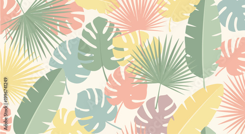 Colorful tropical leaves on cream