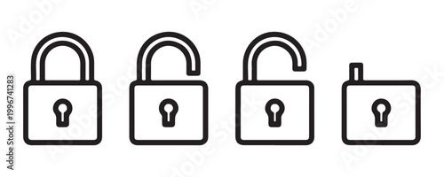 Minimal padlock line icon set showing locked and unlocked status on isolated transparent background.