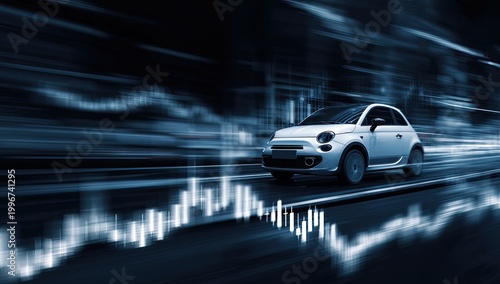 A white Fiat 500 speeds along a blurred road, superimposed with a dynamic graph representing growth and movement.