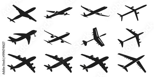 Quadro su tela Set of various airplane silhouettes in different angles and positions with airpl