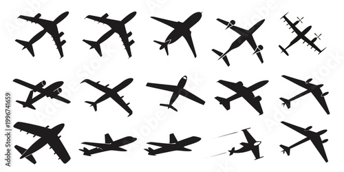 Foto Diverse set of airplane silhouettes in different flight orientations with airpla