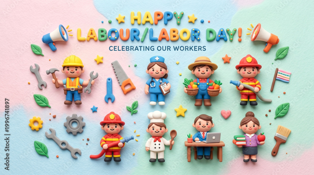 Obraz premium Flat lay claymation of Happy Labour Day with pastel Background
