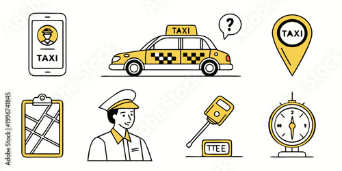 Foto Yellow taxi service and transportation icons including car driver map key timer