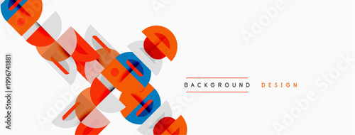 Abstract geometric shapes overlap, creating dynamic composition. Red, blue, orange hues dominate neutral backdrop. Modern design element.