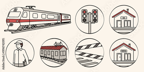 Εκτύπωση καμβά Set of railroad transport icons including trains railway stations signals crossi