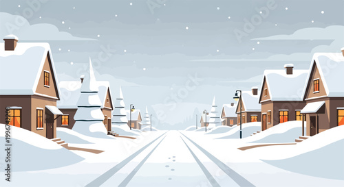 Snowy village street with houses and trees