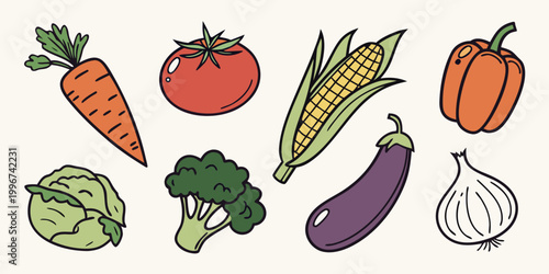 Quadro su tela Various vegetable produce icons set featuring carrot tomato corn pepper cabbage