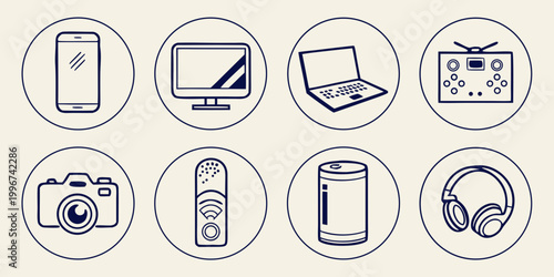 Set of round technology and media device icons with line art aesthetic technology electronics smartphone television headphones illustration communication multimedia collection minimalist