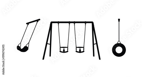 A playground set with swings and a tire depicted in stark black silhouette