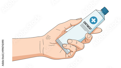Vector Illustration of a Human Hand Holding a Light Blue Ointment Tube with a Medical Cross for Health and Wellness