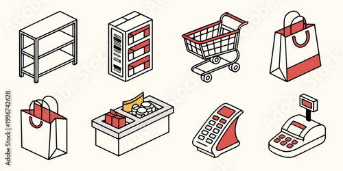 Isometric retail and shopping icons including shopping cart bags shelves checkout counter and card terminal with shopping commerce supermarket checkout terminal business purchase consumer