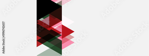 Abstract geometric shapes overlap, creating dynamic composition. Pink, red, green hues dominate white background. Modern design element.