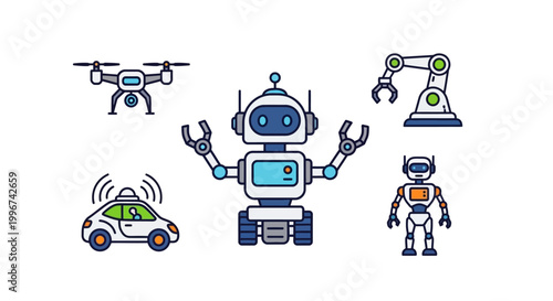 Robot with drone and car icons.