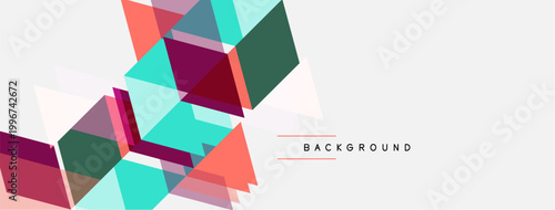 Abstract geometric shapes overlap, creating vibrant layered design. Soft colors blend with white space. Modern background element.