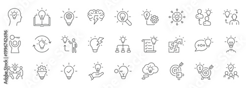 Idea and innovation web line icon set featuring creativity, brainstorming, strategy and startup growth concepts for problem solving and business development. Editable stroke