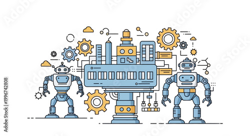 Robots standing next to computer screen.
