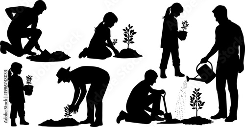 Silhouette of people planting trees various poses set collection. Family gardening and planting trees outdoor different poses silhouette set.