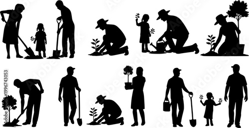 Silhouette of people planting trees various poses set collection. Family gardening and planting trees outdoor different poses silhouette set.