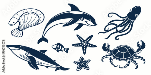 Photography Set of dark blue monochrome marine animal icons featuring sea creatures and fish