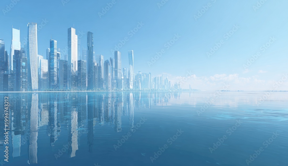 Fototapeta premium Gleaming modern city skyline reflected on calm, blue ocean under bright sky