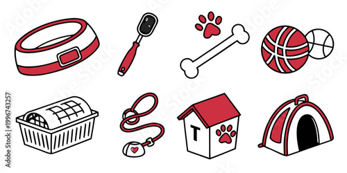 Schilderij op canvas Pet care and grooming accessory icons featuring a collar brush bone toys pet hou
