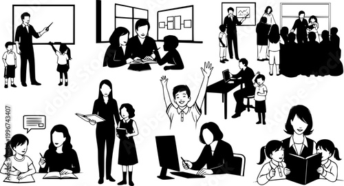Set of teacher and student silhouette interactions, educational concept vector with children and adults in various learning scenes
