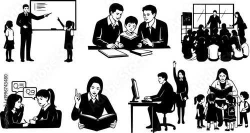 Set of teacher and student silhouette interactions, educational concept vector with children and adults in various learning scenes