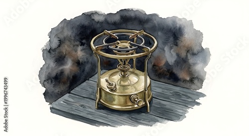Watercolor illustration of a vintage brass kerosene camping stove on a wooden surface with a smoky background. Antique portable burner for bushcraft and outdoor adventures.