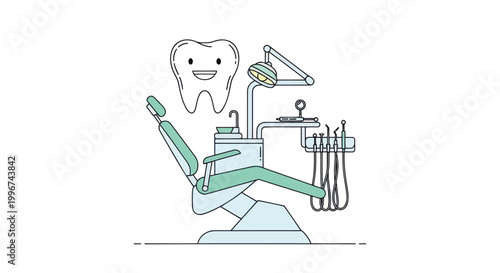 Dental chair, tooth, and tools, colorful line illustration, green and blue hues, dentist office decor