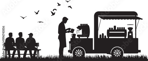 Black silhouette food cart, vendor serving customers, outdoor seating, vector illustration