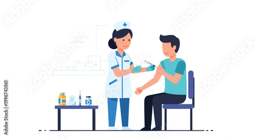 Medical professional, nurse, giving injection, vaccination, healthcare worker, patient, clinic