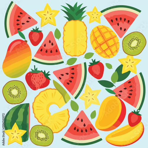 A colorful arrangement of various sliced and whole fruits on light blue