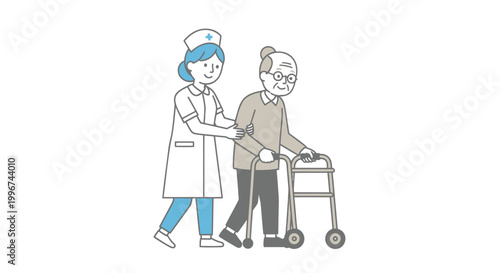 Nurse assisting elderly patient, healthcare vector illustration, medical support, caregiver helping senior