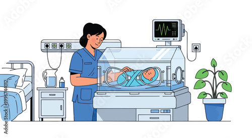 Hospital nursery, newborn baby care, medical vector illustration, pediatric ward, healthcare setting