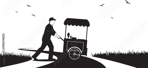 Black silhouette man pushing food cart, vendor cart illustration, black and white vector, food truck icon