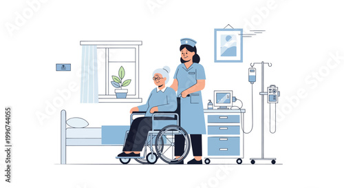 Hospital room, healthcare scene, medical vector, caregiver assisting patient