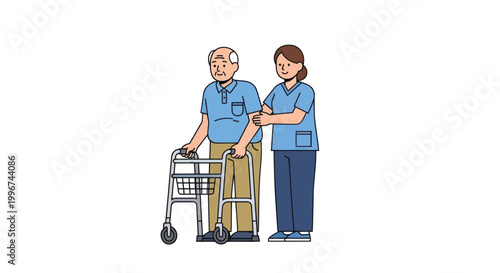 Elderly man with walker, healthcare worker assisting, medical support, caregiver help