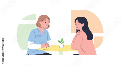 Psychotherapy session, female therapist and patient, counseling conversation, mental health support, vector illustration