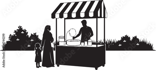 Black silhouette food cart, vendor serving customer, outdoor market stall, vector illustration