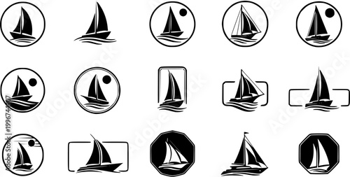 Sail boat logo silhouette vector design, sail boat logo icon silhouette, sailboat sailing ship logo vector illustration, sailboat and sailing ship vector silhouette logo design on white background
