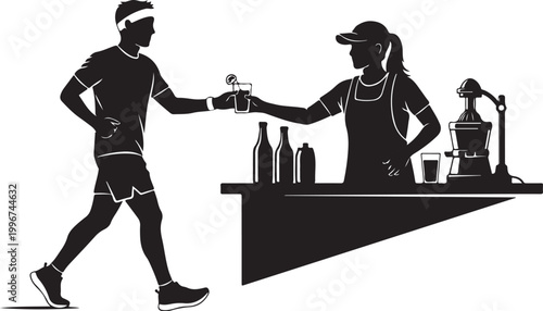 Fitness runner receiving sports drink, athletic beverage exchange, gym hydration, active lifestyle